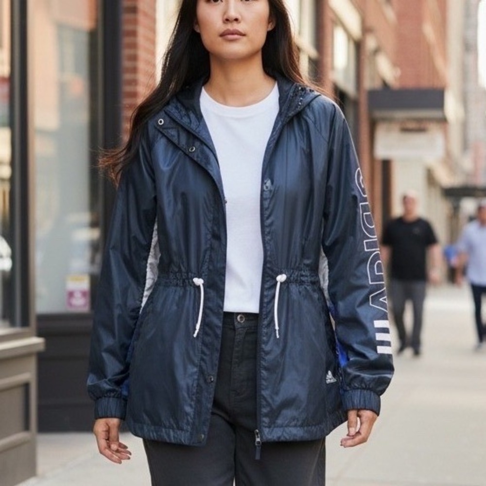Adidas Womens Windbreaker Jacket Navy Blue Hooded Full Zip Mesh Lined DV0436 L
